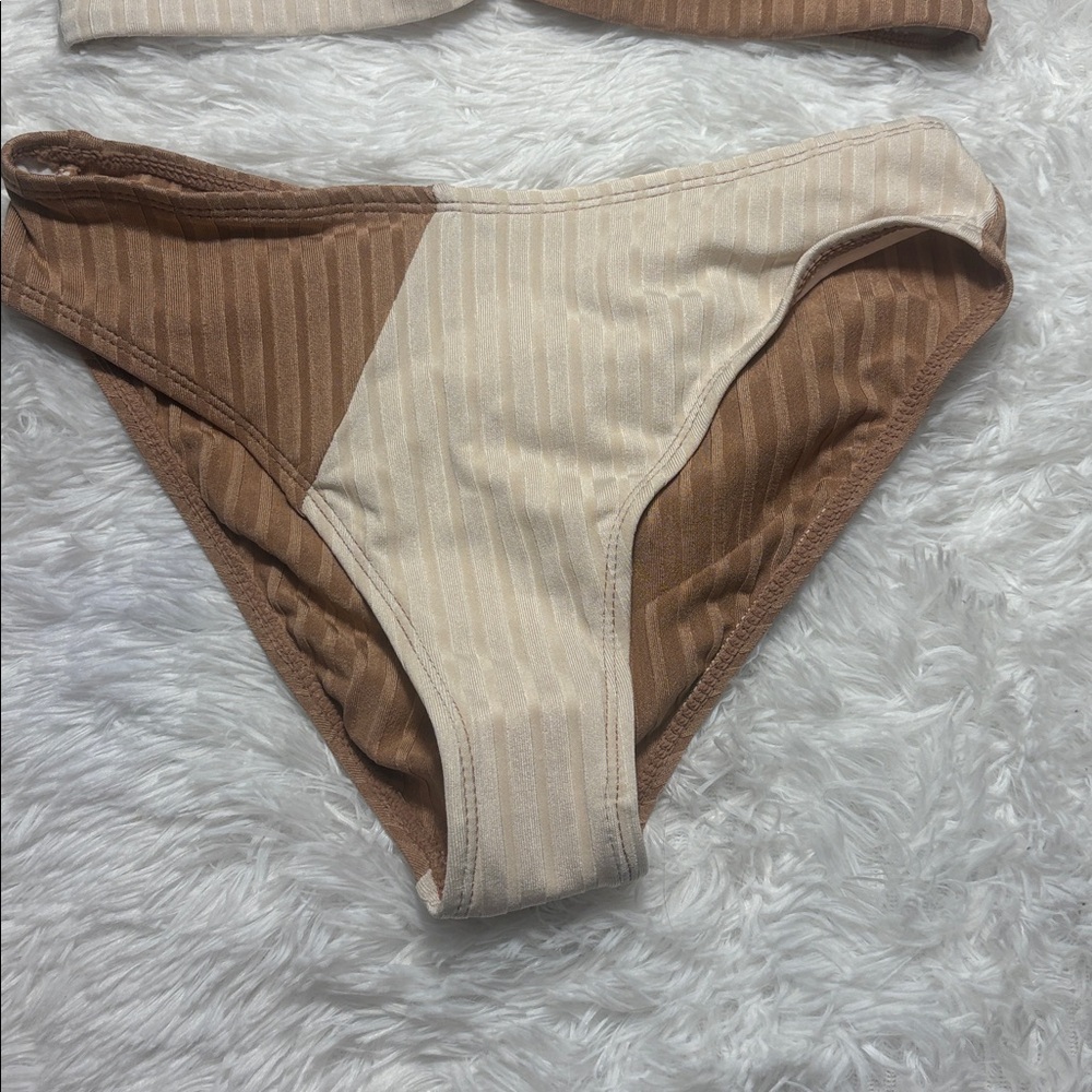 NWOT From Amazon Youth 10-11 Size Ribbed 2 Piece Cream And Light Tan Swim Set - Picture 4 of 13